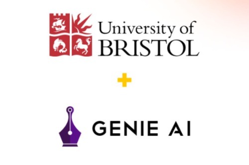 The red and black logo of the University of Bristol is at the top of this image, followed by a yellow 'plus' sign and then the purple Genie AI logo is below.
